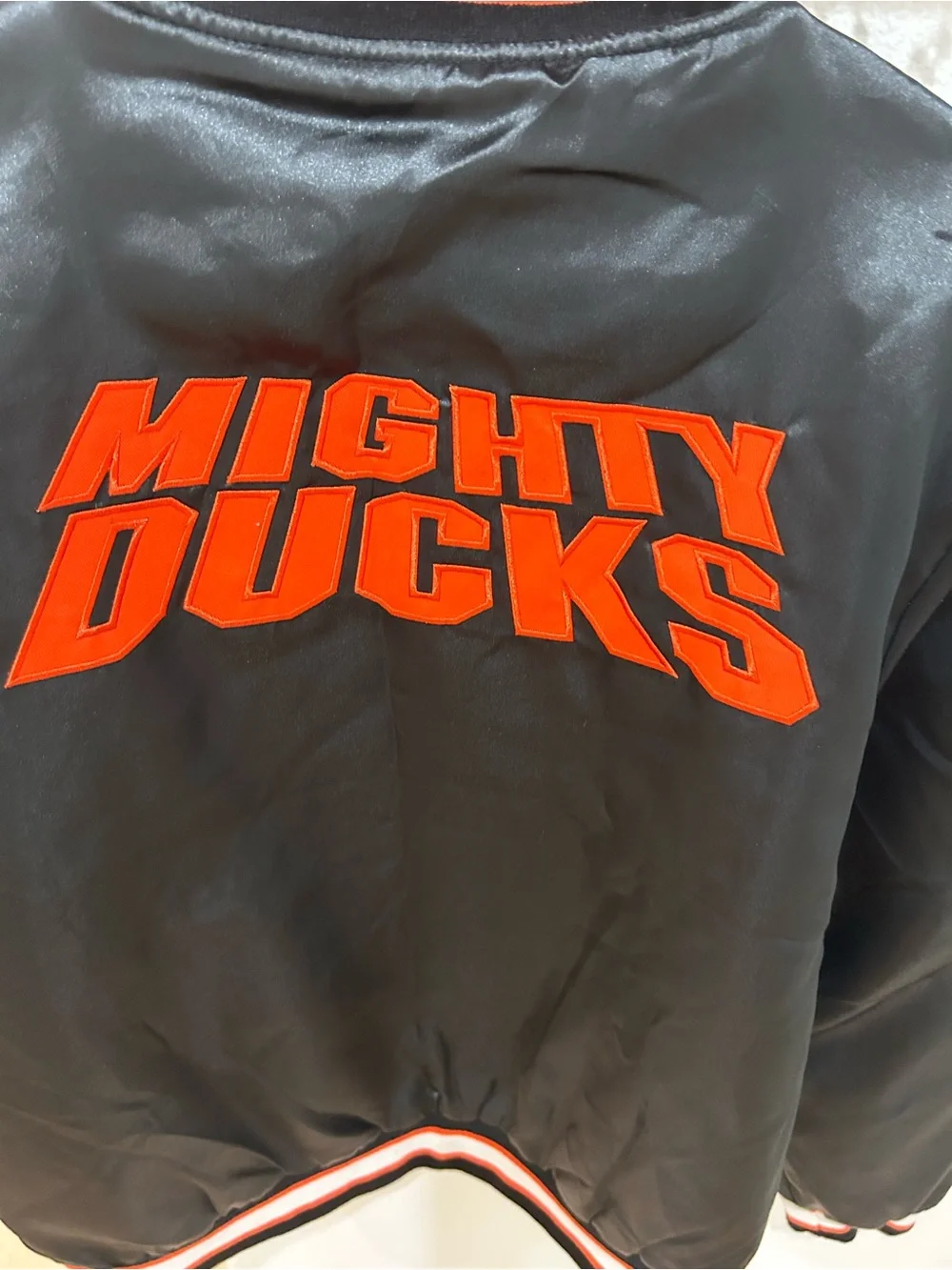 Men’s Black 30 Anniversary Anaheim Ducks Bomber Jacket with Orange. Sz Large